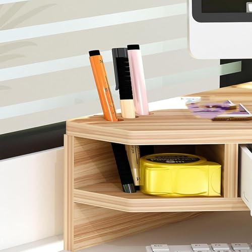 Supporto per monitor angolare bianco, supporto triangolare per scrivania, con spazio di archiviazione, organizer da scrivania in legno per scrivania da ufficio