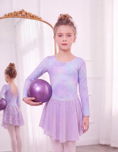 Image of Arshiner Girls Long Sleeve Ballet Leotards with Shinny Skirts Criss-Cross Back Dance Dresses