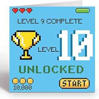 Gamer Birthday Card For 10 Year Old Girl or Boy - Level 10 Unlocked Video Gaming Birthday Card With Blue Envelope - Eco Friendly Card By Giggle Greetings®