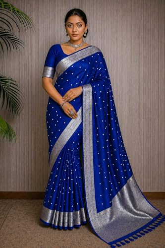 Image of Women's Glory Kanjivaram Banarasi Silk Saree with Polka Dot Embroidery Blend Woven Zari with Jacquard Woven Unstitched Blouse Piece.