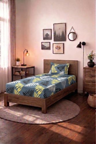 Image of HOMEKART (110 TC & 110 GSM 100% Cotton Feel Bedsheet for Single Bed with One King Size Pillow Covers Soft /Breathable Wrinkel Free -60x90 Inches - (Grey & Yello)