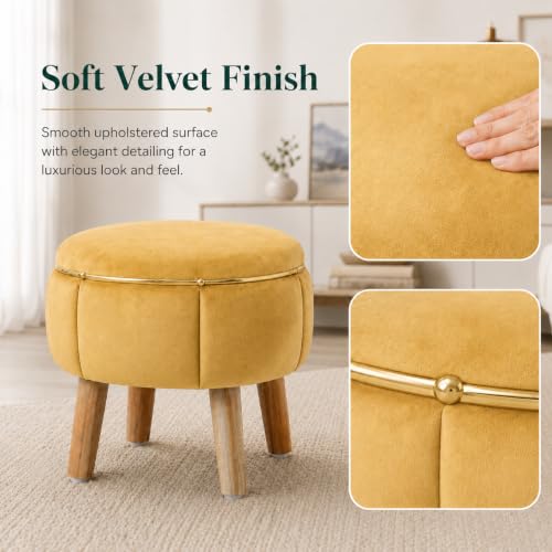 Image of Velvet Upholstered Round Ottoman Footstool | Anti-Slip Feet | Multipurpose Footrest, Step Stool & Vanity Seating & Decor | 40 x 30 cm (16 x 12 Inch) | Yellow