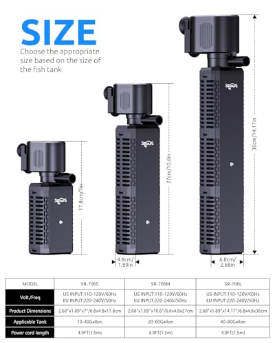 Image of SEAOURA UV Aquarium Filter with Timer For10-40Gal Fish Tank Quiet Operation | Built In UV Clarification System Programmable Cycle Timer Function Clears Algae Growth Removes Odor From Aquarium Water