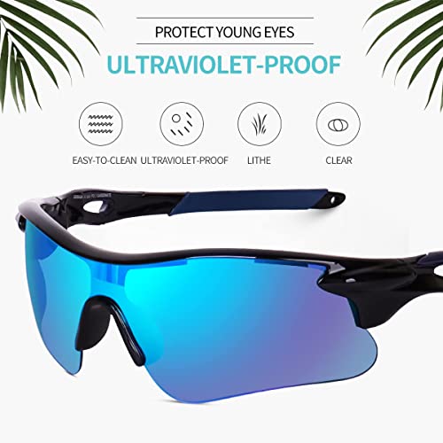 Image of Sports Sunglasses, Full-Coverage UV400 Protection, Hydrophobic Mirrored Lens, Lightweight Shatterproof Design, Mercury, (BLUE BLACK)