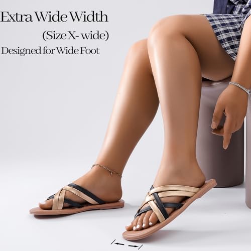 Image of Luoika Women's Wide Width Flat Sandals, Flip Flop Slides Sandal Casual Strapy Sandal Slip on Summer Beach Shoes for Women.