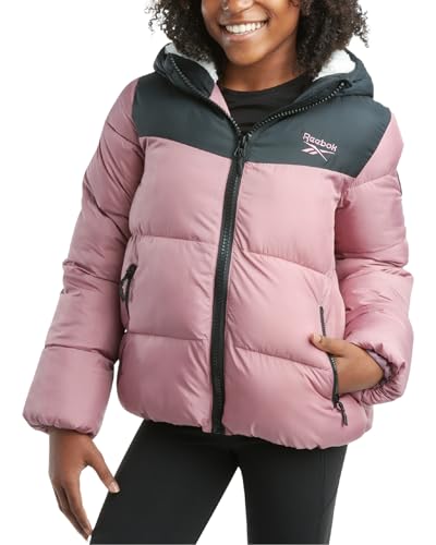 Image of Reebok Girls Heavyweight Poly Taffeta Puffer Jacket with Sherpa Hood | Insulated Quilting Locks in Warmth, Zip-Up Closure, Secure Pockets for Gloves, Cozy Protection for Cold-Weather Play