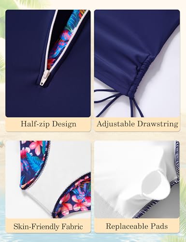 Image of Girls Rash Guard Swimsuits 2 Piece Half-Zip Long Sleeve Color Block Bathing Suits with Ruched Side Swimwear for 7-16Y