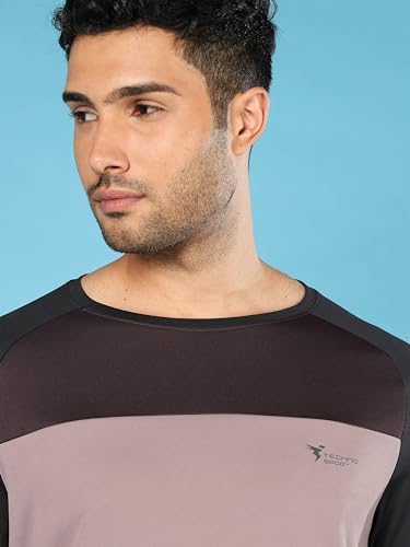 Image of TECHNOSPORT Men's Slim Fit Polyester Color Block Athleisure Crew Neck T-Shirt with Full Sleeve, Moisture Wicking and Quick Dry