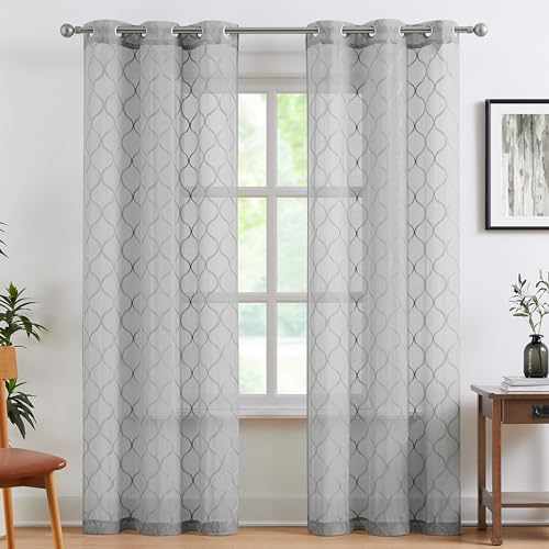Bujasso Grey Sheer Curtains 84 inch Geometric Embroidered Light Filtering