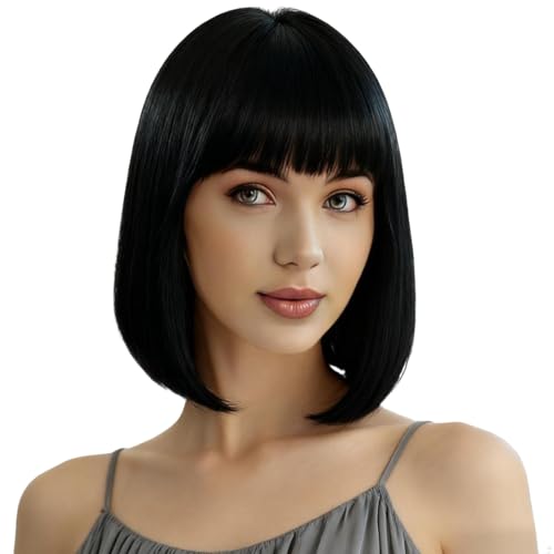 Perruques noires lisses de 30 cm de long, avec frange, coupe bob, lisse, avec frange plate, perruque synthétique courte, longueur des épaules, pour cosplay, carnaval,...