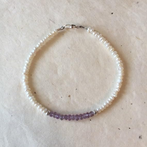 Bracelet améthyste rose perle d'eau douce 3mm fermoir argent mixte - 2
