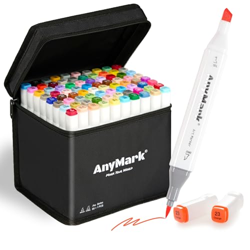 AnyMark Alcohol Markers Brush Tip 80+1 Colors Dual Tip Brush & Chisel Alcohol-Based Art Markers Set with Case for Adult Artists Drawing Coloring