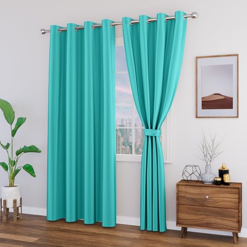 Image of 80-90% Blackout Door Curtains with Tie Back 8 feet 2 Pcs| Room Darkening, Thermal Insulated, Noise Reducing Heavy Polyester Solid Curtains (Aqua Blue Colour)