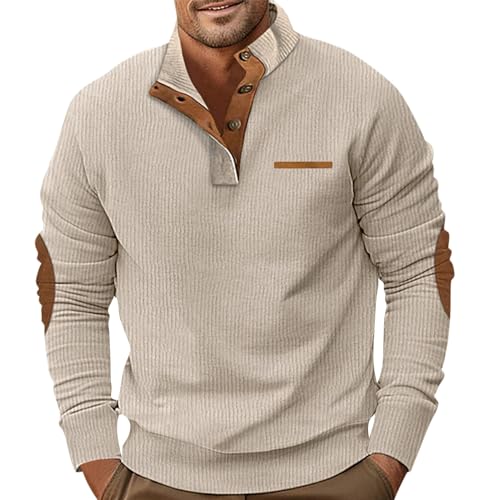 Men's Casual Corduroy Sweatshirt Long Sleeve Thermal Stand Collar Button Pullover Sweatshirts