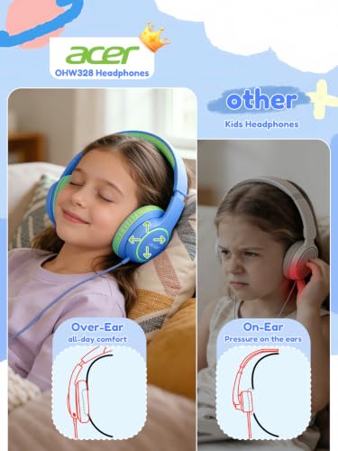 Image of Acer OHW328 Kids Headphones Wired for School - Over Ear Design | 85 /94dB Safe Volume, 3.5mm Jack Foldable Headphones for Kids Boys Girls Classroom Yoto Player Chromebook Travel Blue Green