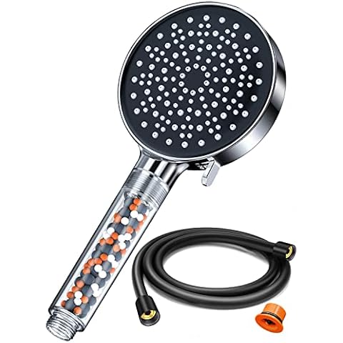 YEAUPE Water-Saving Shower Head with Hose 1.6 m Water-Saving Shower Head with Filter Energy Saving Pressure Increasing Shower Set with 6 Jet Types Chrome 7.5 L/Min. Black Cover