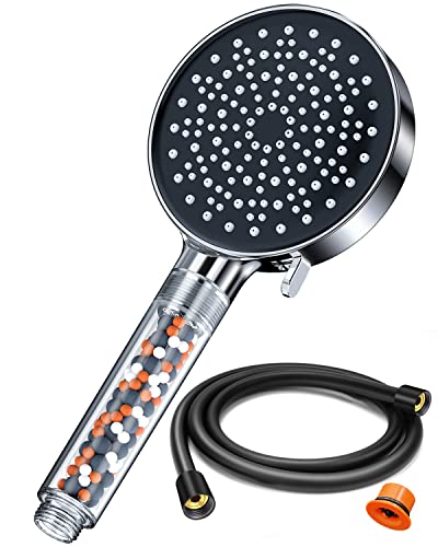 Yeaupe Alcachofa de ducha de ahorro de agua con manguera 1,75 m de ahorro de agua con filtro, aumento de presión de ahorro de energía, juego de ducha con 6 tipos de chorros, cromo 7,5 l/min Cover