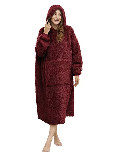ililmmoe Sherpa tragbare Decke, Übergröße, Kapuzenpullover, Sweatshirt, TV-Decke mit Langen Ärmeln und Tasche, Weinrot One Size – Ansicht 1