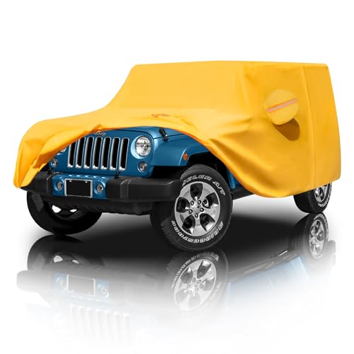 Dozentro Heavy Duty Jeep 4dr Car Cover, Custom Fit Jeep Wrangler Unlimited 4 Door JK JL Rubicon/Sahara,etc Waterproof All Weather for Automobiles, Full Car Cover - Sun, Rain & UV Protection