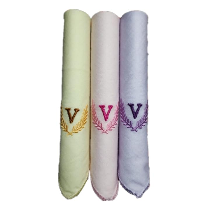 quienz Ladies Initials (V) Multicolor 100% Cotton Handkerchiefs Pack of 3 (6551 C/C)-picture-0