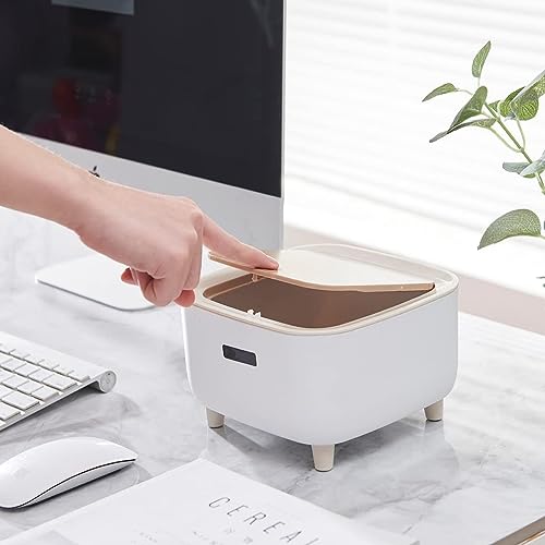 Image of Mini Portable Tabletop Dustbin, Mini Trash Can with Lid - Wastebasket for Bathroom Vanity, Desktop, Tabletop (Square Press - White)