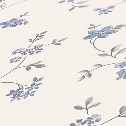 A.S. Création Maison Charme Vliestapete mit floralem Muster 0,53 x 10,05 m – Creme, Grau, Blau – Blumentapete im Landhausstil Made in Germany – 390713