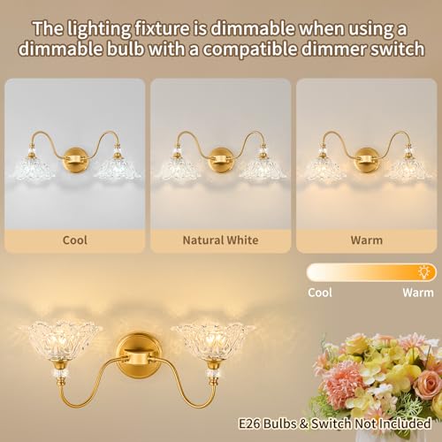 Image of Gold Bathroom Vanity Light, 2-Light Brushed Gold Finish Vanity Light with Floral Clear Glass Shades, Retro Wall Mount Lighting for Bathroom, Dressing Table