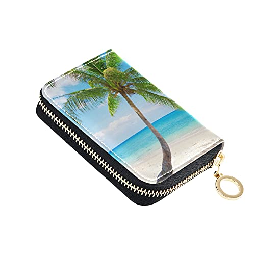 Beach Ocean Coconut Palm Tree White Sand Blue Sky Credit Card Coin wallet, RFID Blocking Compact Women Leather Card Holder, Key Change Organizer, Zipper Purse Clutch Pouch Pocket