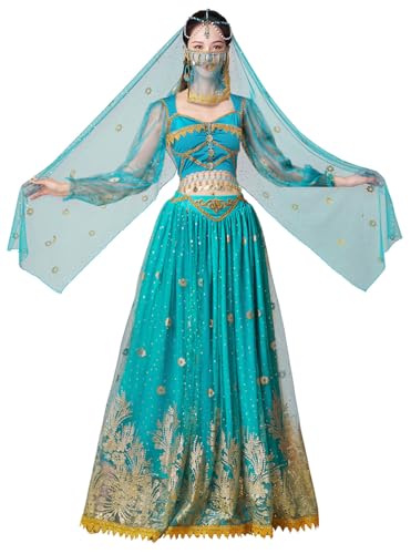 ELLYDOOR Princess Jasmine Costumes for Women Adult Aladdin Dress UP Halloween Cosplay Belly Dance Outfit