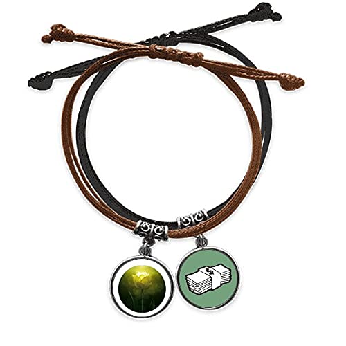 Pulsera Tulipán Verde con Cuerda de Cuero y Amuleto de la Suerte de Dinero