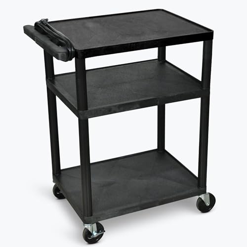 Image of FSE 373-LP34E-B 34 inch AV Cart, 3-Shelf Electric Utility Cart with 300 lb Capacity, 24 inch x 18 inch Molded Plastic Shelves, Built-in 3-Outlet Power Strip with 15' Cord, 4 inch Locking Casters, Black