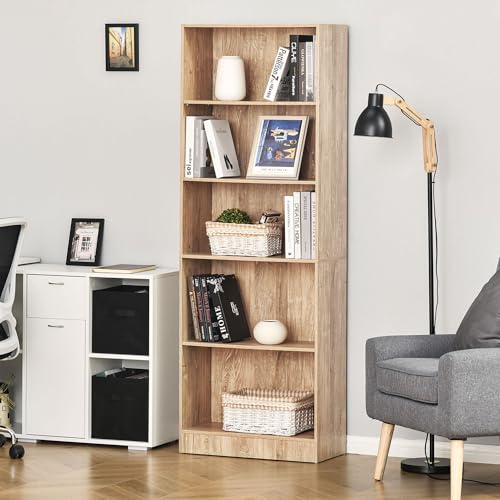 HOMCOM Bibliothèque, étagère de Rangement à 5 Niveaux avec étagères réglables, Meuble de Rangement pour Salon, Bureau, Chambre, 63 x 29,2 x 176 cm, Bois Naturel – Image 3