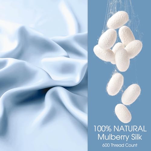 Image of 100% Silk Pillow Cases 2 Pack King Size Mulberry Silk Pillowcase for Hair and Skin Set of 2 Highest Grade 6A Silk Soft Breathable Cooling with Hidden Zipper, Sky Blue