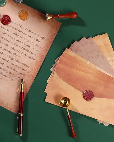 Comealltime 42 Stück Vintage bBriefpapier mit Umschlag, 15 Vintage Kraftpapier Umschläge mit 8 Siegelwachs, Life Tree Stamp für Einladungen, Urlaub, Liebesbrief&Hochzeit, Tier