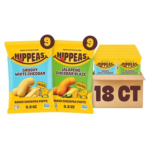 Hippeas Chickpea Puffs, Cheeze Variety Pack: Groovy White Cheddar, Jalapeno Cheddar (0.8oz) Pack of 18, 3g Protein, 2g Fiber, Dairy Free, Gluten Free, Crunch, Plant Protein Snacks