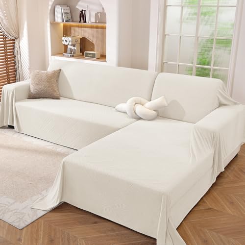 Ystyle Funda Sofa Chaise Long 2 Piezas, Funda Sofa Rinconera Antimanchas Lavable, Capa Sofa Antideslizante Universal, Protector De Sofa, Colcha Sofa Suave Cómoda, Crema (200x300+200x300 CM)