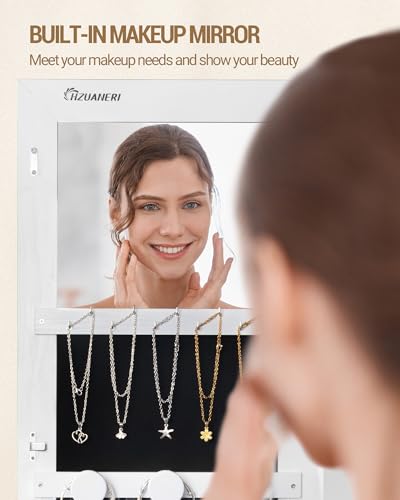 Hzuaneri Armario Joyero 8 LEDs, Organizador de pie para joyas con 1 perchero, Espejo de cuerpo entero con cerradura y 4 ruedas, Estantes de almacenamiento de 3 niveles, Blanco y Negro JC17003B - imagen 6