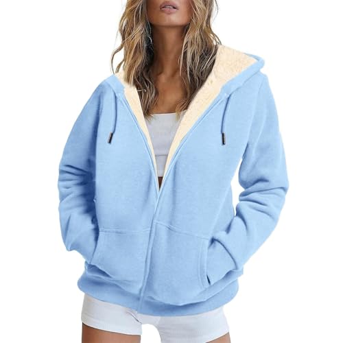 Jacke Damen Kapuzenjacke Teddy Pullover Damen Teddyfutter Hoodie Sweatjacke Damen mit Kapuze Fleece Pullover Damen Winter Warm Wolljacke Kapuzenpullover Gefüttert Fleecejacke(A2-Hellblau,3XL)