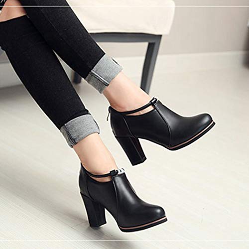 VOKLIN Women's Round Toe Dressy Ankle Booties Leather Pump Oxford Shoes Chunky Block High Heels Short Boots4