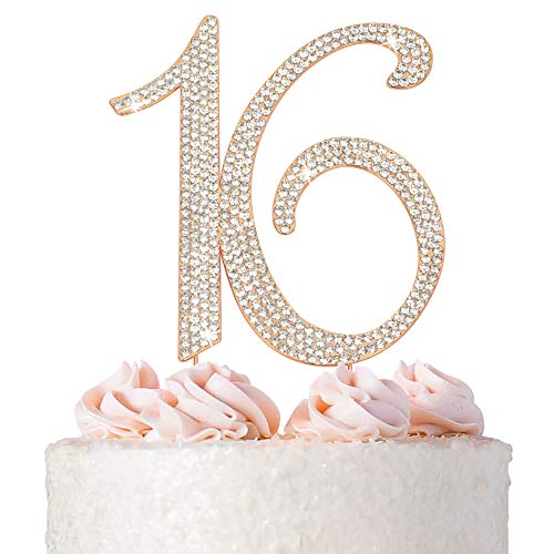 16 Cake Topper - Premium Rose Gold Metal - Sweet 16 Birthday Party Sparkly Rhinestone Decoration Makes a Great Centerpiece - Now Protected in a Box