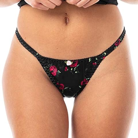 Satini Women's Print Tanga Bikini Briefs Satin Panties (Black - Red Roses, M) Cover