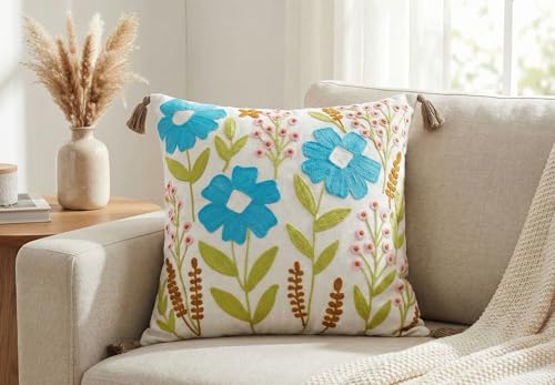 Image of Furnistitchs Handmade Cotton Bohemian Home Decor Cushion Cover 24x24 inches / 60x60 cms - Boho Chic Couch Sofa Throw Living Room Bedroom Cushions (1, Blue Bellflowers)