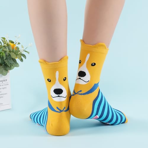 Niorasen Bunte Lustige Socken Damen aus Baumwolle 5 Paar, Neuheit Weihnachtssocken Katzensocken Motivsocken, Witzige Coole Süße Karikatur Tier Motiv Socken Geschenk für Frauen, Hund