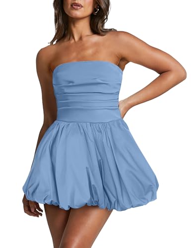 Image of Women's Strapless Bubble Mini Dress Tube Top Ruched Bow Tie Back Party Cocktail Dresses