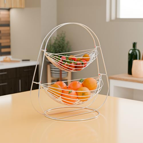 Image of Kuber Industries Stainless Steel 2 Tier Oval Swing Fruit and Vegetable Basket | Countertop Onion Potato Rack for Kitchen /Pantry | Fruit Basket for Dining Table | Vegetable Storage Stand | Silver