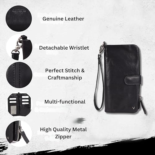 Genuine Leather Wallets for Women, Small Wallet for Ladies Zipper Coin Purse Credit Card Holder with detachable wristlet (Black)2