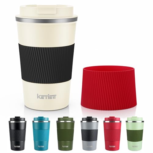 KETIEE 12oz Travel Mug: Vacuum Insulated Coffee Cup with Leakproof Lid, Travel Coffee Mug Stainless Steel Double Walled Reusable Coffee Cup for Hot and Cold Water Coffee (Beige) G1-Beige