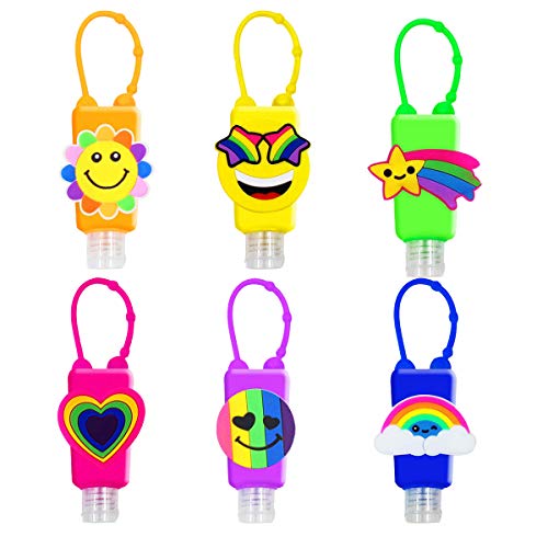 VHOPMORE 6Pcs Travel Size Kids Empty Hand Sanitizer Bottles with Keychain Holder Detachable Silicone Protective Case 30ml Plastic Travel Bottles Leak Proof Refillable Containers - Rainbow