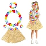 Fortuning's JDS Girl's Hawaiian Hula Grass Skirt with Flowers Costume Set Raffia Skirt for Luau Tropical Beach Party