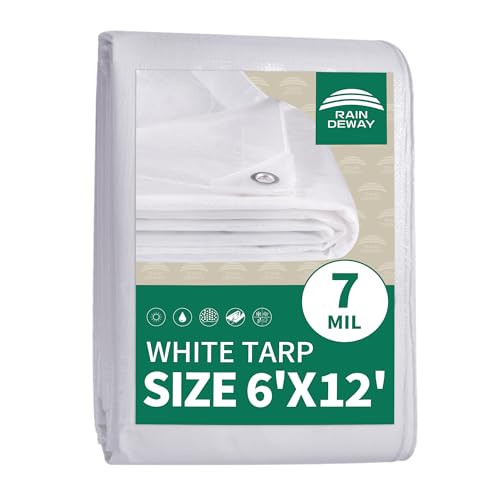 RAINDEWAY White Tarp 6x12 Feet 7Mil Thick Finished Size UV Resistant Multipurpose Poly Tarps Cover with Metal Grommets and Reinforced Edges